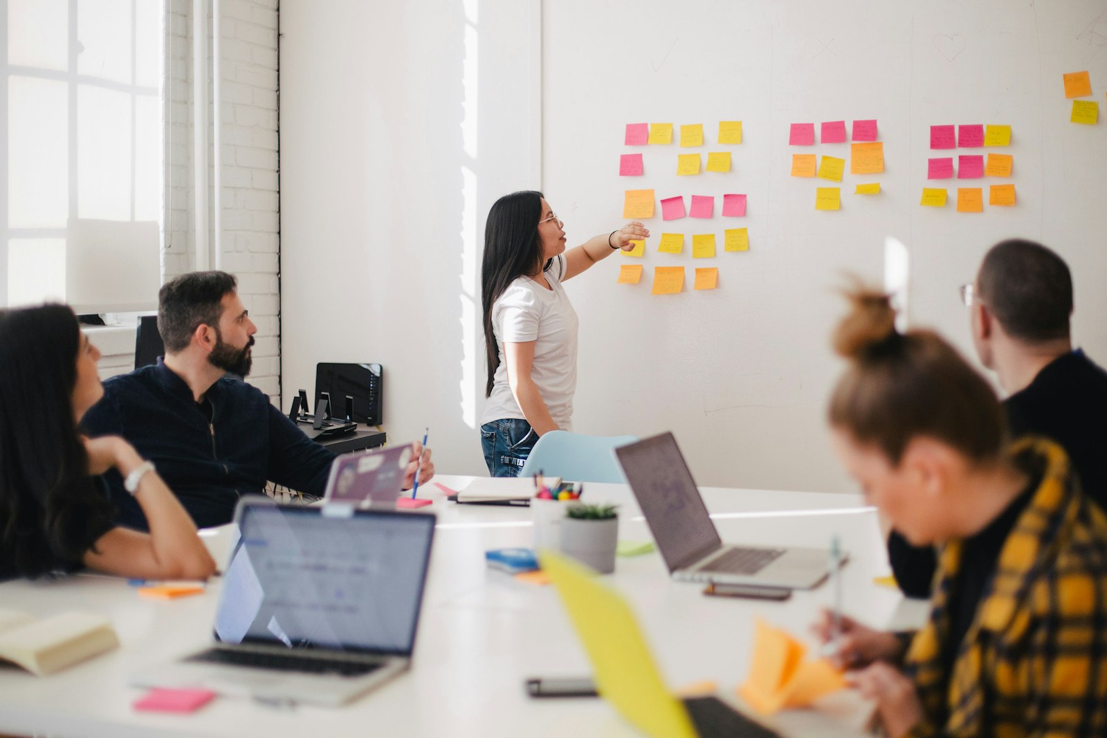 Team mapping a process on a whiteboard